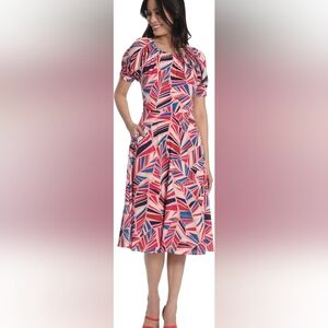 Maggy London Geometric Print Dress in Red, Blue, and White